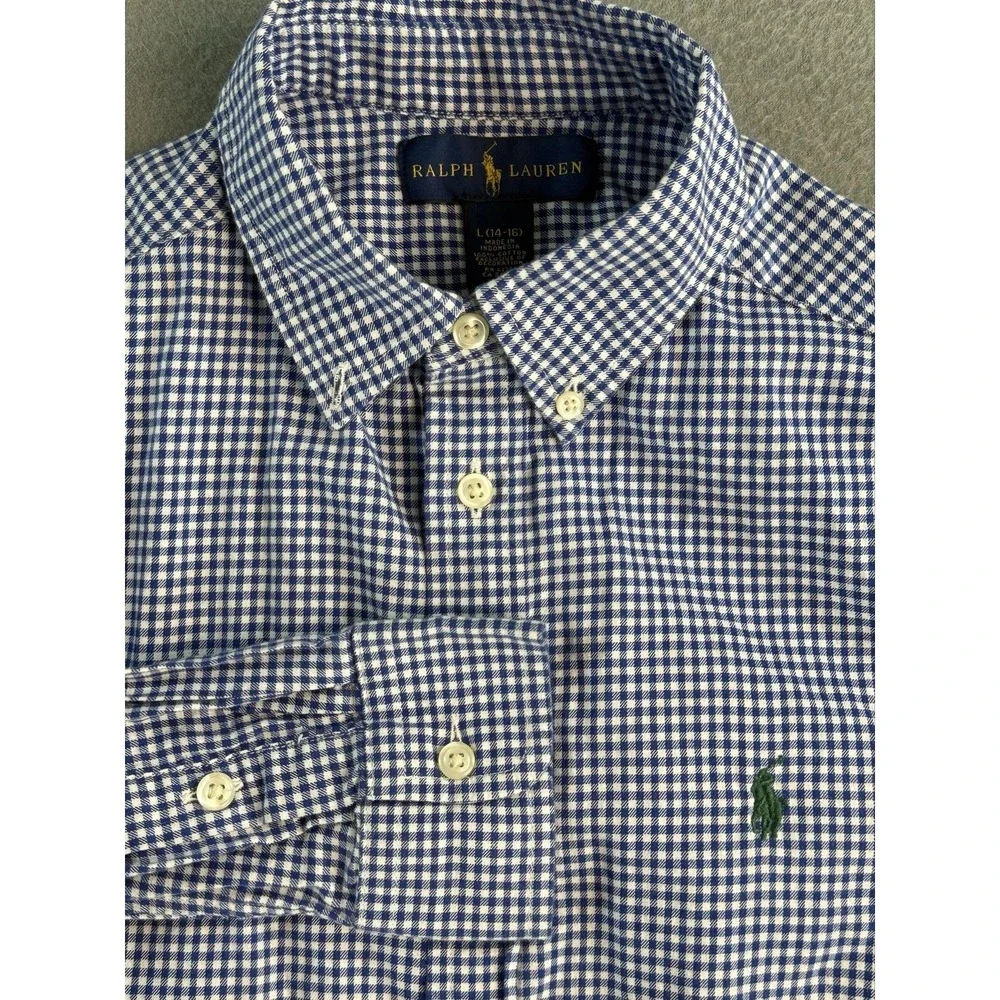 Ralph Lauren Shirt Boys L 14-16 Blue Gingham Long Sleeve Button Down Cotton
